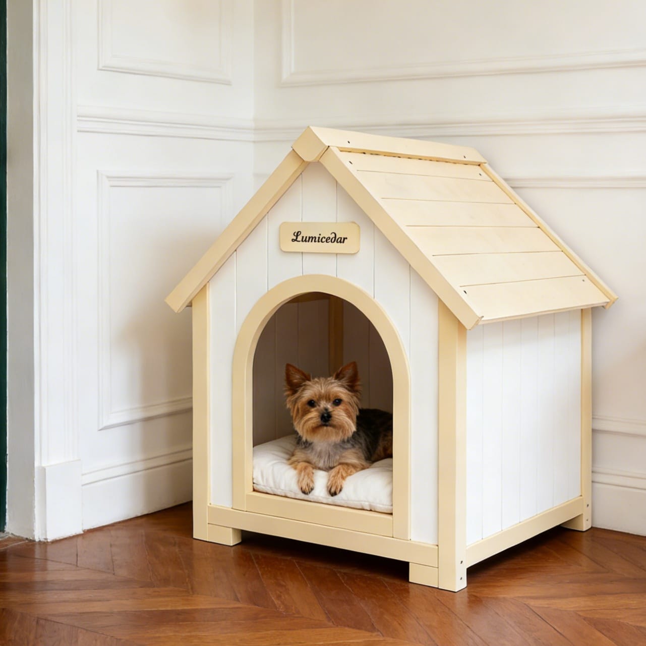 Modern Indoor Wooden Dog House with Cushion – Solid Cedar Pet House - Image 4